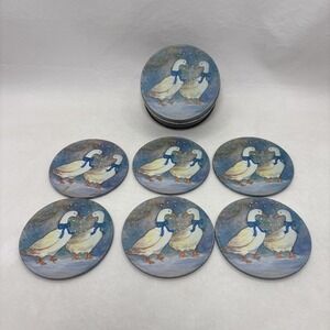 Vtg 90s Goose Blue Bow Winter Geese Ribbon Coaster Set Tin Set of 6 Cottagecore